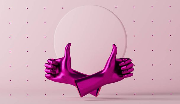 3d renderowania współczesnej minimalistycznej kolaż sztuki w neon metaliczne pogrubione różowe kolory z rąk pokazując jak znak. Surrealizm twórcza tapeta. Psychodeliczny projekt. Szablon z miejscem na tekst.  - Zdjęcie, obraz
