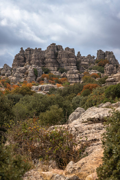 Beautifull exposure of the "El Torcal de Antequera", wich is known for its unusual landforms, and is regarded as one of the most impressive karst landscapes in Europe located in Sierra del Torcal, Antequera, Malaga, Spain. - Fotografie, Obrázek
