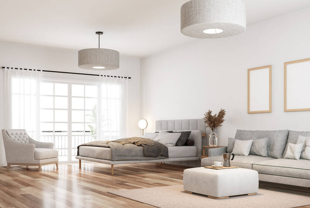 Modern style white bedroom and living room3d render The room has a parquet floor decorated with light gray fabric furniture and translucent white curtains, natural light comes through the room. - Fotoğraf, Görsel