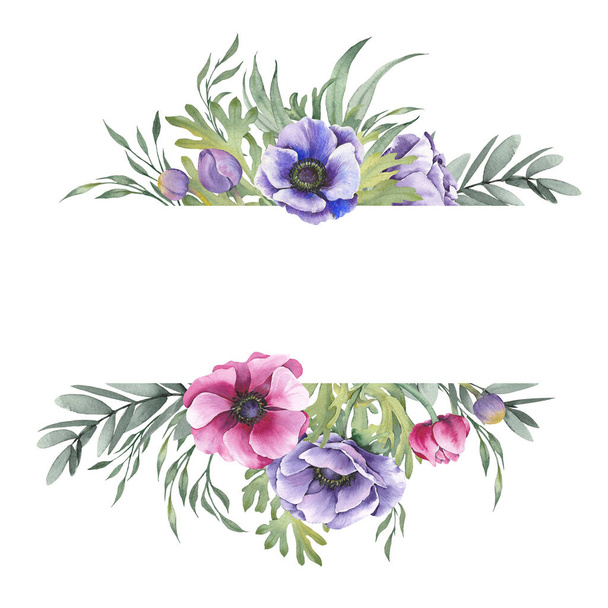 Watercolor anemone flowers frame. Hand drawn illustration on white background. - Φωτογραφία, εικόνα