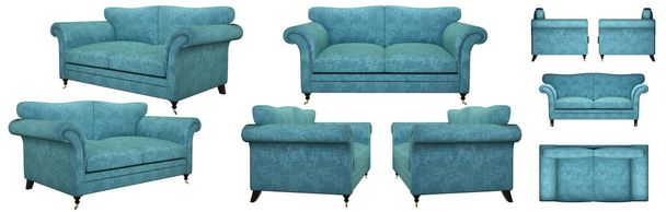 Stylowa klasyczna sofa. Niebieski aksamit. Kanapa pod różnymi kątami. Projekcje sofy do projektowania, kolaż, baner. Realistyczny obraz - Zdjęcie, obraz