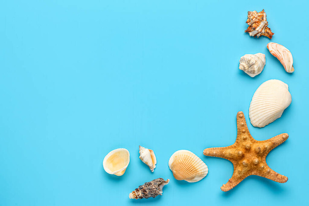 Starfish and shells on blue background - Photo, Image