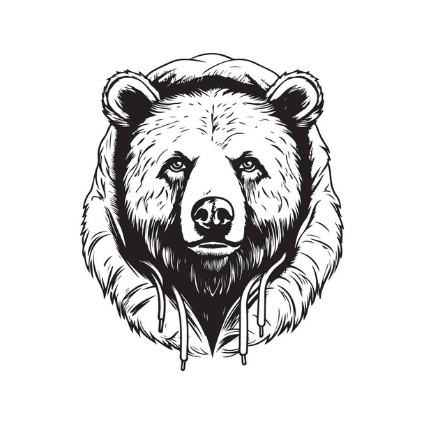 grizzly bear hooded, vintage logo line art concept black and white color, hand drawn illustration - Vector, Image