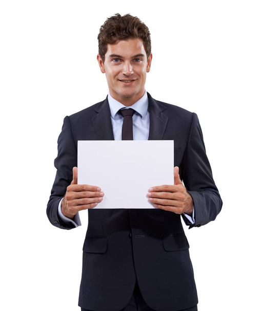 Proudly presenting the document. A young businessman holding copyspace - Fotó, kép