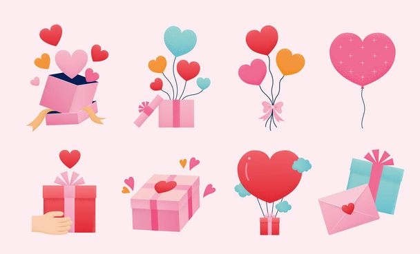 Воздушные шары Дня Святого Валентина и элементы подарков, изолированные на светло-розовом фоне. Симпатичные воздушные шары в форме любви, подарочные коробки и буквы - Вектор,изображение