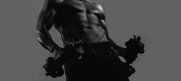 Banner templates with muscular man, muscular torso, six pack abs muscle. Sexy Muscular Body. Strong Fit Man Exercising with Dumbbells - Фото, зображення