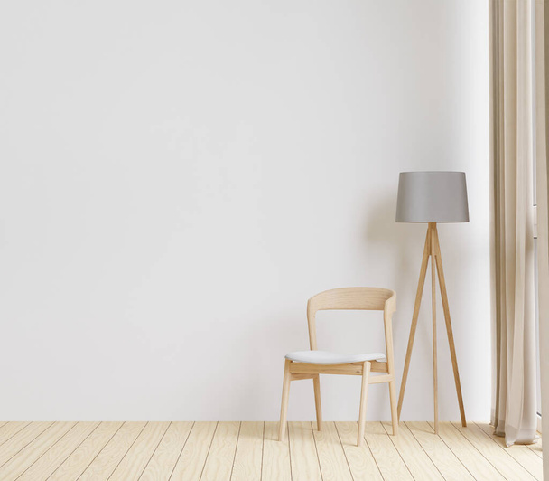 Representación 3D sala de estar de estilo minimalista con piso de madera, pared blanca, sofá grande, ventana grande, pared de gabinete de madera para maqueta y espacio de copia - Foto, imagen