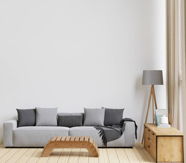 3D вітальня в мінімальному стилі з дерев'яною підлогою, біла стіна, великий сірий диван, велике вікно, килим, дерев'яна шафа, стіна для маскування - Фото, зображення