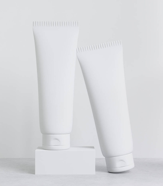 Recipientes de maquiagem cosméticos brancos em branco, cosméticos sem marca, recipiente de cuidados com a pele mockup 3d renderização - Foto, Imagem