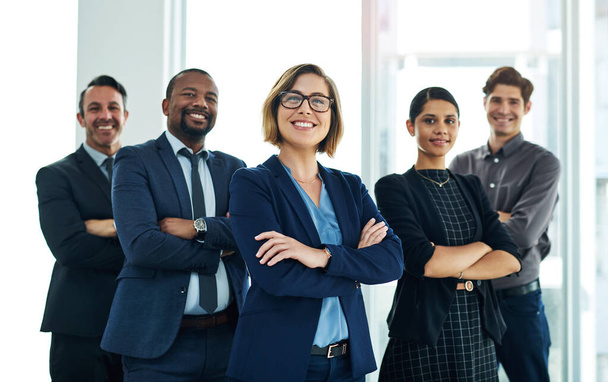 Well show you how to put the power of synergy to work. Portrait of a diverse group of businesspeople standing together in an office - Photo, Image