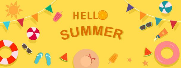 Веселое лето векторные векторные векторные иллюстрации с пляжными вибрациями украсить, красочные флаги, мяч, плавание кольцо, шляпа, морская звезда, сандалии, солнцезащитный крем, солнцезащитные очки, арбуз, мороженое, оранг на желтом фоне. - Вектор,изображение