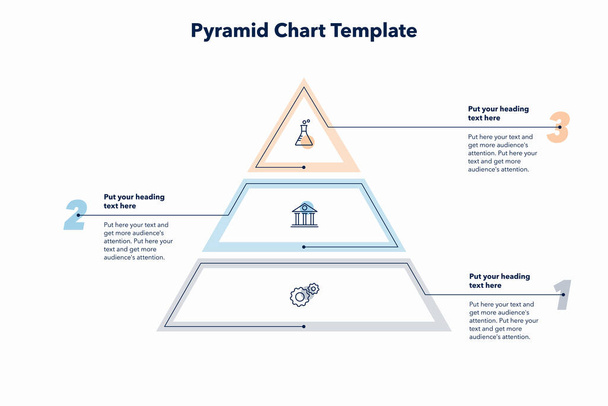 Pyramid chart template with three colorful steps. Creative diagram divided into three steps with minimalistic icons. - Vektor, kép