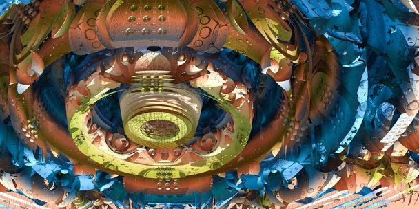 Abstrakte fantastische Steampunk-Engine Hintergrund. Futuristischer Blick aus dem Inneren des Fraktals. 3D-Illustration. 3D-Fraktalgrafik, Teil eines riesigen fraktalen Mandelbrot. - Foto, Bild