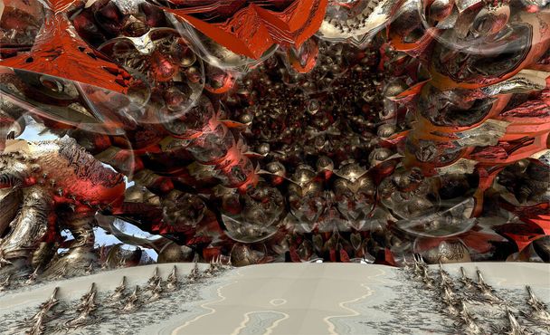 Abstract fantastic red and gold alien landscape background. Futuristic view from inside of the fractal. 3D illustration. 3d fractal graphic, part of a huge fractal mandelbrot. - Photo, Image