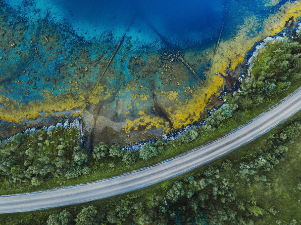beautiful aerial landscape with pattern of blue water, road and green forest, view from drone - Foto, immagini