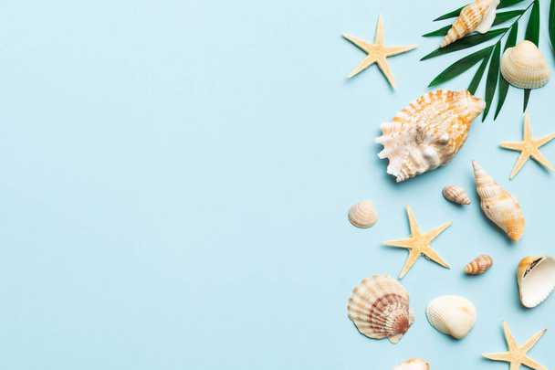 Summer time concept Flat lay composition with beautiful starfish and sea shells on colored table, top view with copy space for text. - Fotó, kép