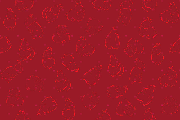 Illustration pattern red line of rabbits group with dot on deep red background. - Vecteur, image