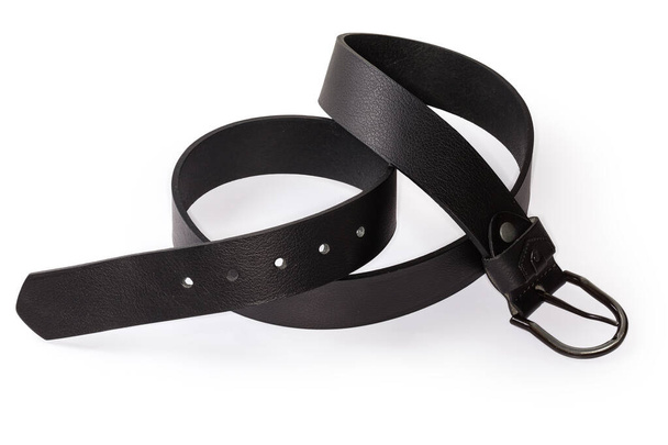 Casual black leather belt for men with classical buckle with semicircular frame on a white background - Photo, Image