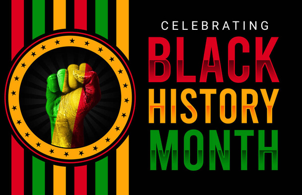Black History Month Celebration Background představující barevný design pěsti a typografii. Moderní tapeta k připomenutí měsíce černé historie - Fotografie, Obrázek