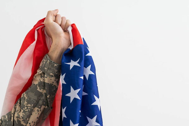 Soldier military man holding usa flag - Photo, Image