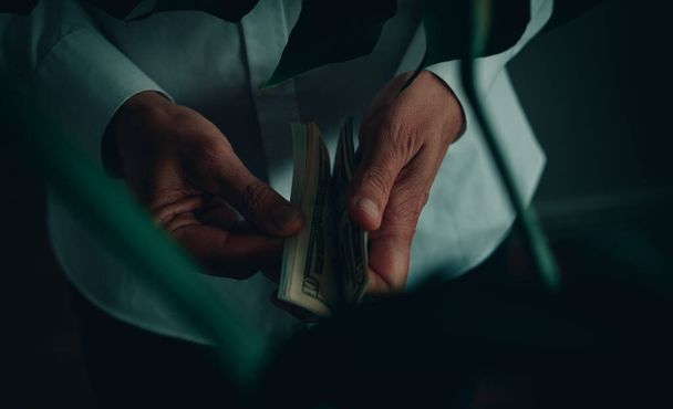closeup of a man wearing a white long-sleeve shirt counting some dollar notes, indoors, seen through the leaves of a monstera plant - Фото, изображение