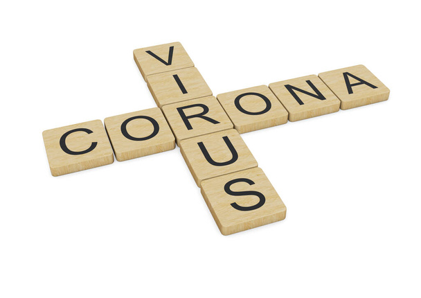 Virus Corona escrito con letras de madera, aislado sobre fondo blanco - Foto, Imagen