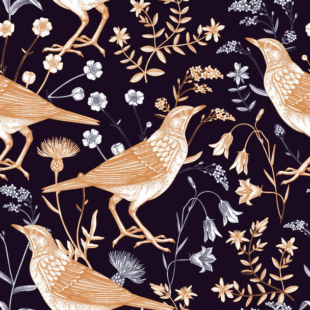 Summer background. Floral seamless pattern. Wildflowers and birds vector illustration in sketch style. Perfect for textile, wrapping paper, packaging, fabrics. - Vektor, Bild