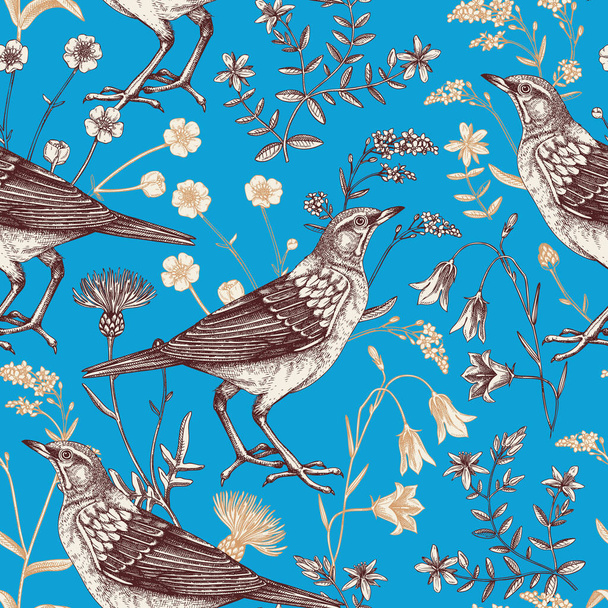 Summer background. Floral seamless pattern in color. Wildflowers and birds vector illustration in sketch style. Perfect for textile, wrapping paper, packaging, fabrics. - Vektör, Görsel