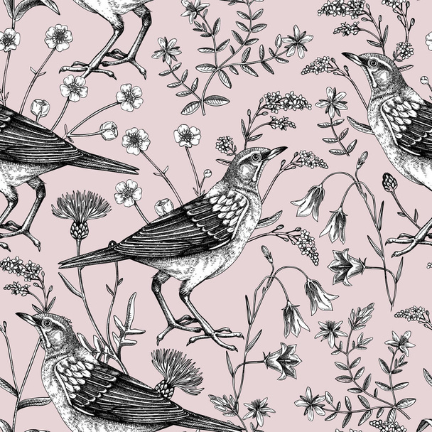 Summer background. Floral seamless pattern. Wildflowers and birds vector illustration in sketch style. Perfect for textile, wrapping paper, packaging, fabrics. - ベクター画像