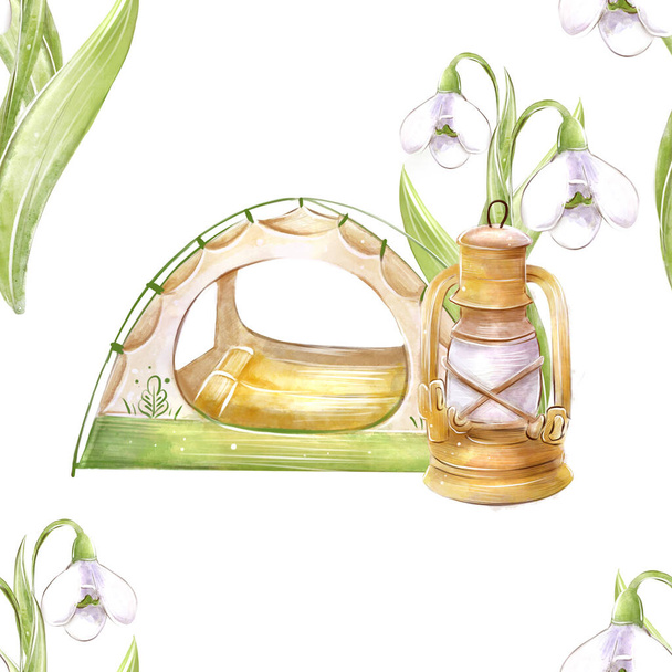 Seamless watercolor pattern on the theme of travel, camping, spring. Tent, kerosene lamp in the forest. For the design of textiles, background, scrapbook, cover, paper, creativity. - Foto, Imagem