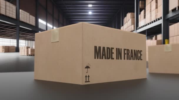 Dobozok francia nyelvű szöveggel a szállítószalagon. FRANCIAORSZÁG árukkal kapcsolatos hurok 3D animáció. - Felvétel, videó