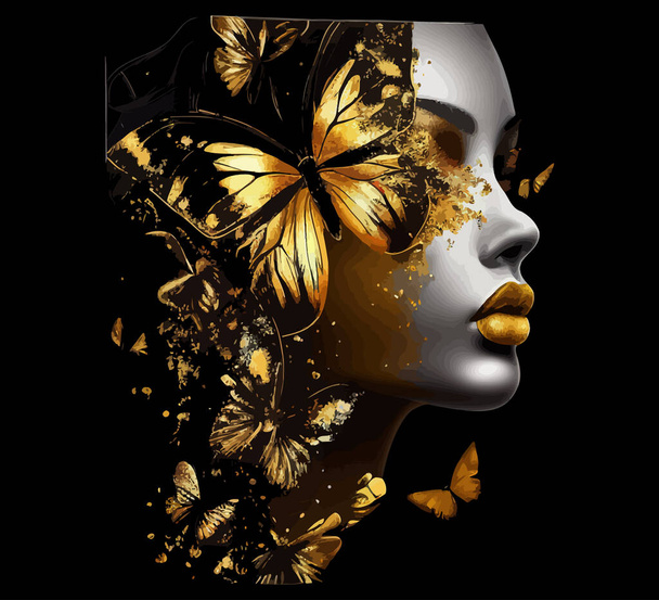Όμορφες γυναίκες με φανταστικά χρυσά χείλη και πεταλούδες. Εικονογράφηση διανύσματος. - Διάνυσμα, εικόνα