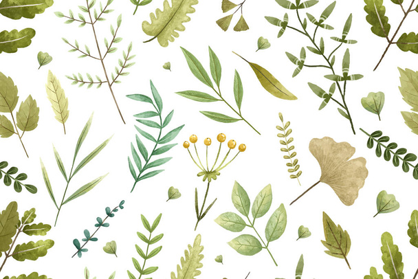 botanisches nahtloses Muster mit Zweigen, Blättern, Kräutern, Illustration - Foto, Bild