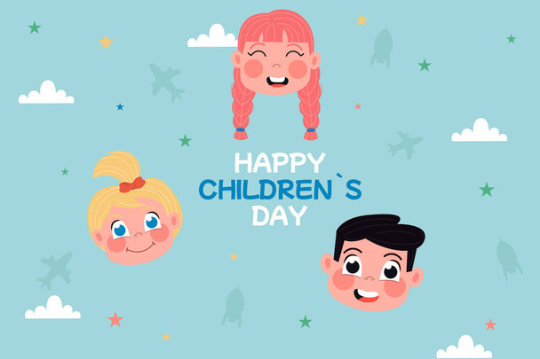 Happy children's day with heads in a flat background - Vetor, Imagem