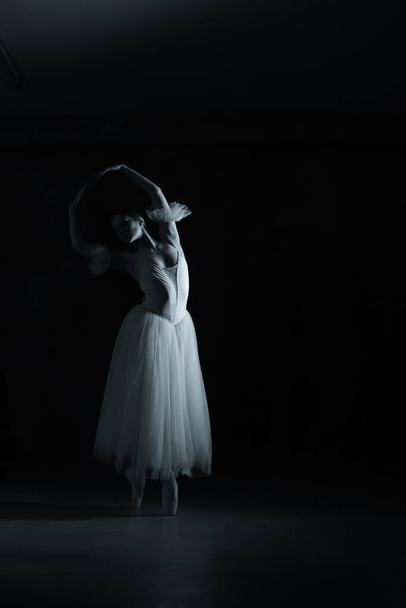 Profesyonel balerin. Profesyonel balerin. Dans eden balerin. Beyaz elbiseli ve sivri uçlu ayakkabılı balerin. Karanlık arka plan. Siyah ve beyaz - Fotoğraf, Görsel