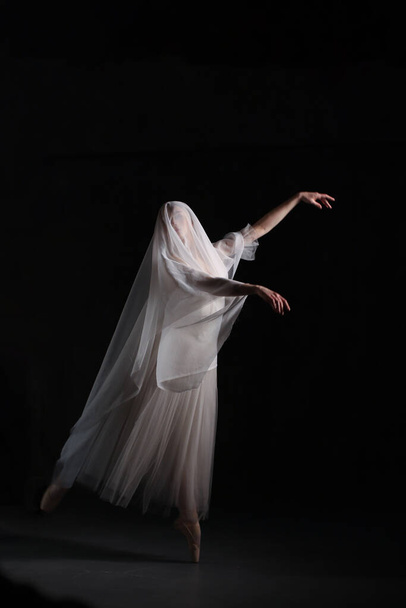 Professional ballerina dancing ballet.Ballerina in a white dress and pointe shoes. Dark background. Veil. Scene. Performance - Photo, Image
