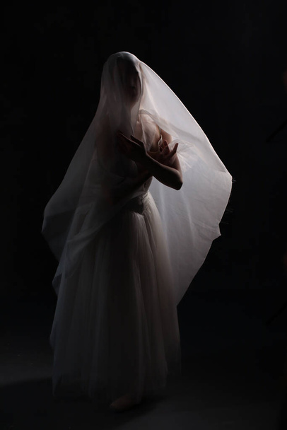 Professional ballerina dancing ballet.Ballerina in a white dress and pointe shoes. Dark background. Veil. Scene. Performance - Фото, изображение