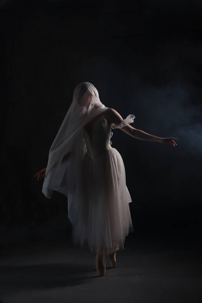 Professional ballerina dancing ballet.Ballerina in a white dress and pointe shoes. Dark background. Veil. Scene. Performance - Fotoğraf, Görsel
