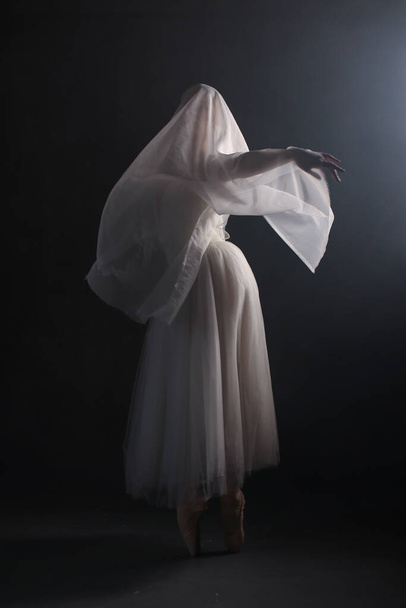 Professional ballerina dancing ballet.Ballerina in a white dress and pointe shoes. Dark background. Veil. Scene. Performance - Foto, Imagen