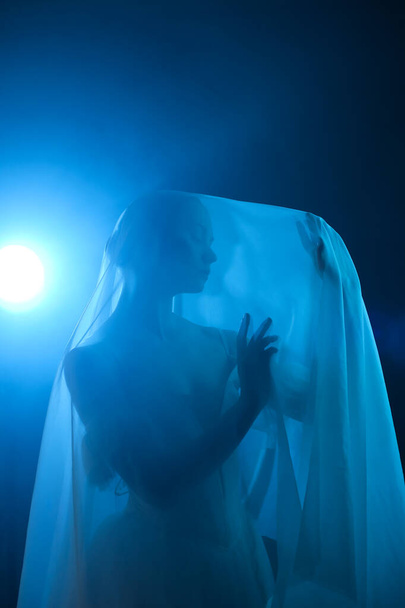 Profesyonel balerin dans ediyor. Beyaz elbiseli ve sivri uçlu ayakkabılı balerin. Koyu arkaplan, mavi ışık. Peçe. Sahne. Performans - Fotoğraf, Görsel