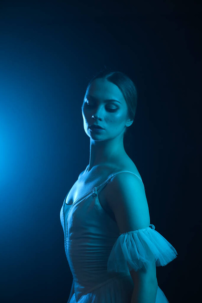 Professional ballerina dancing ballet.Ballerina in a white dress and pointe shoes. Dark background, blue light. Veil. Scene. Performance - Foto, afbeelding