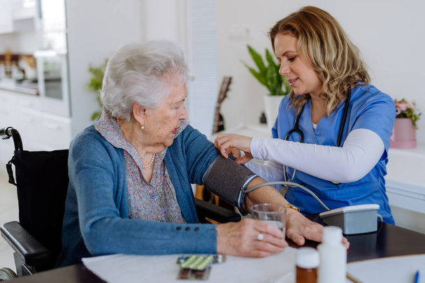 Медсестра измеряет давление крови на пожилую женщину в ее доме. - Фото, изображение