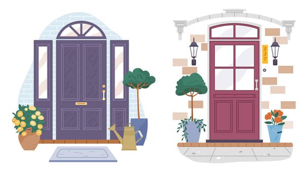 Set of different house entrances, porches and closed wooden modern doors, retro doorway. Entries to apartments with colored windows on facade. Flat vector exterior of house in different style - Vektor, Bild