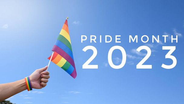 'Happy Pride Month 2023' on blurred rainbow flag raising background, concept for LGBT people celebrations in pride month, june, around the world. - Photo, Image