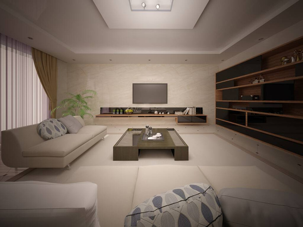 Μοντέρνο κομψό σαλόνι με τέλεια άνετα έπιπλα και μεγάλη τηλεόραση, 3D απόδοση. - Φωτογραφία, εικόνα
