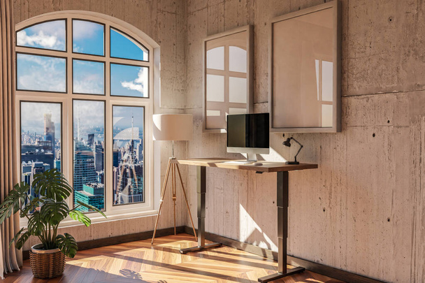 modern standing desk pc workplace in daylight downtown skyline office; home desing and home office concept; 3D Illustration - Foto, Imagen