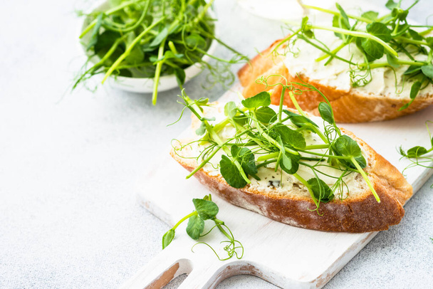 Tostadas con micro verduras, guisante verde y queso crema en azul. Snack de comida saludable, vegetariano. De cerca.. - Foto, imagen