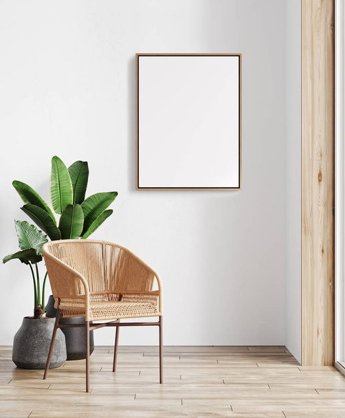 Maquette cadre affiche en arrière-plan intérieur boho avec mur blanc, fauteuil et plante, illustration de rendu 3D - Photo, image