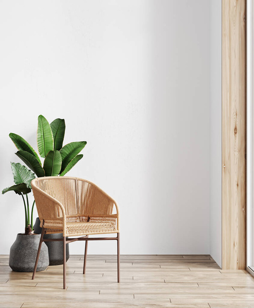 Гостиная с плетеным креслом из ротанга. Белая стена и растение, макет интерьера. 3d-рендеринг - Фото, изображение
