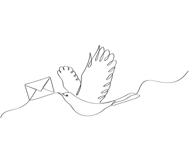 Hand drawn Bird carrying letter envelope continues line art - Vector, imagen